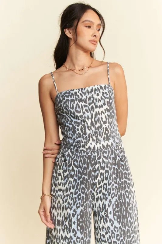 Davi & Dani - Charcoal Blue Leopard Print Wide Leg Jumpsuit