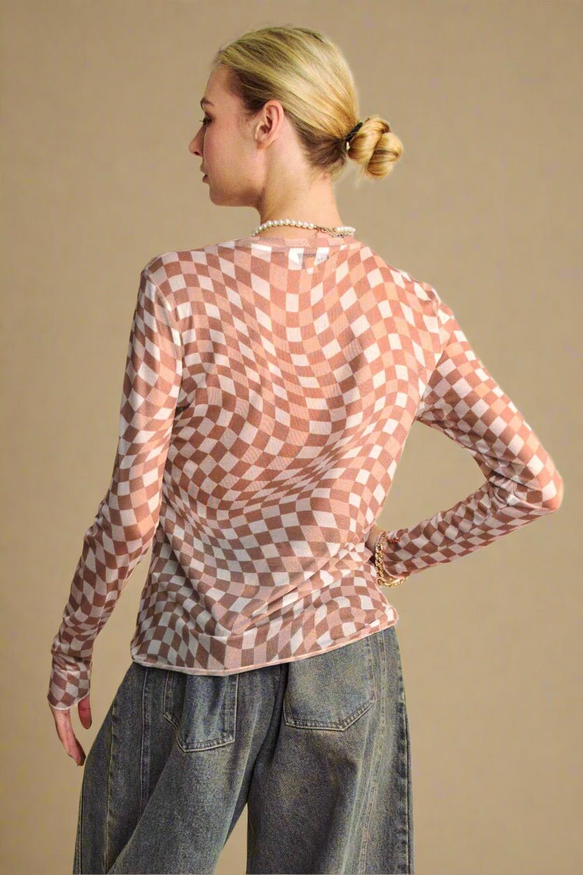 Davi & Dani - Checkered Mesh Long Sleeve Top – Mocha & Cream
