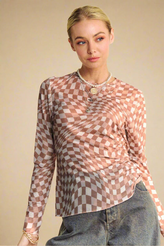 Davi & Dani - Checkered Mesh Long Sleeve Top – Mocha & Cream