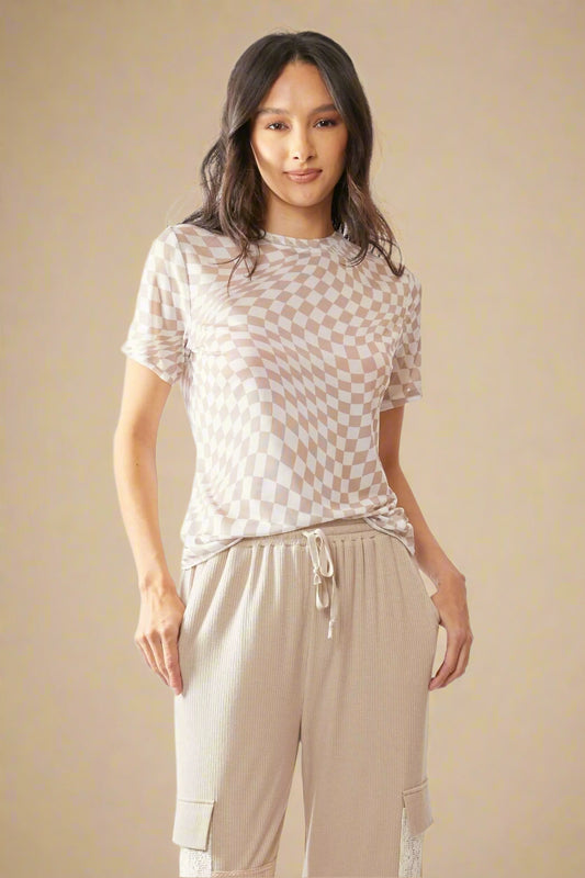 Davi & Dani - Checkered Mesh Short Sleeve Top – Beige & White