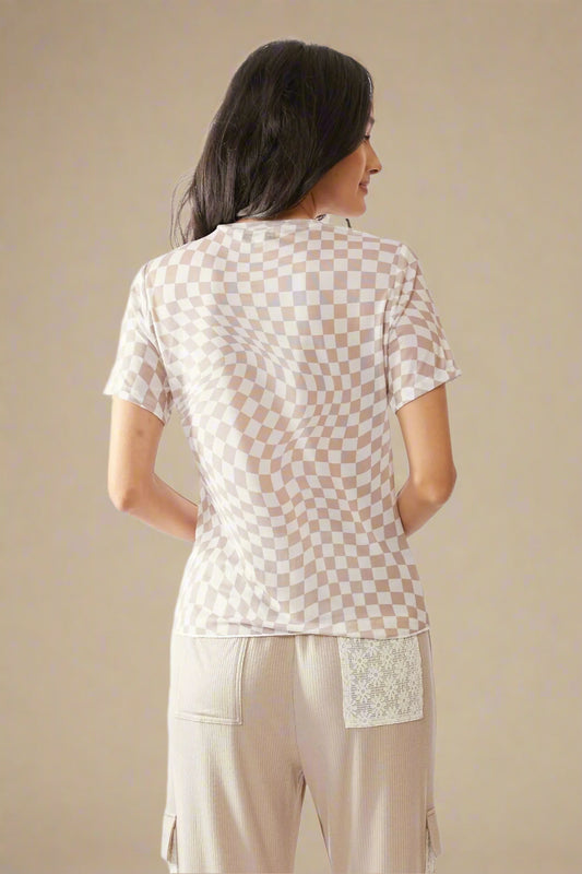 Davi & Dani - Checkered Mesh Short Sleeve Top – Beige & White