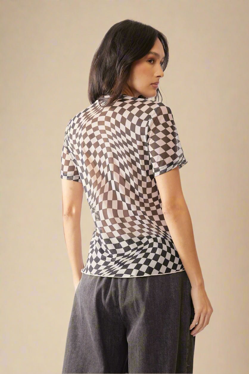 Davi & Dani - Checkered Mesh Short Sleeve Top – Black & White