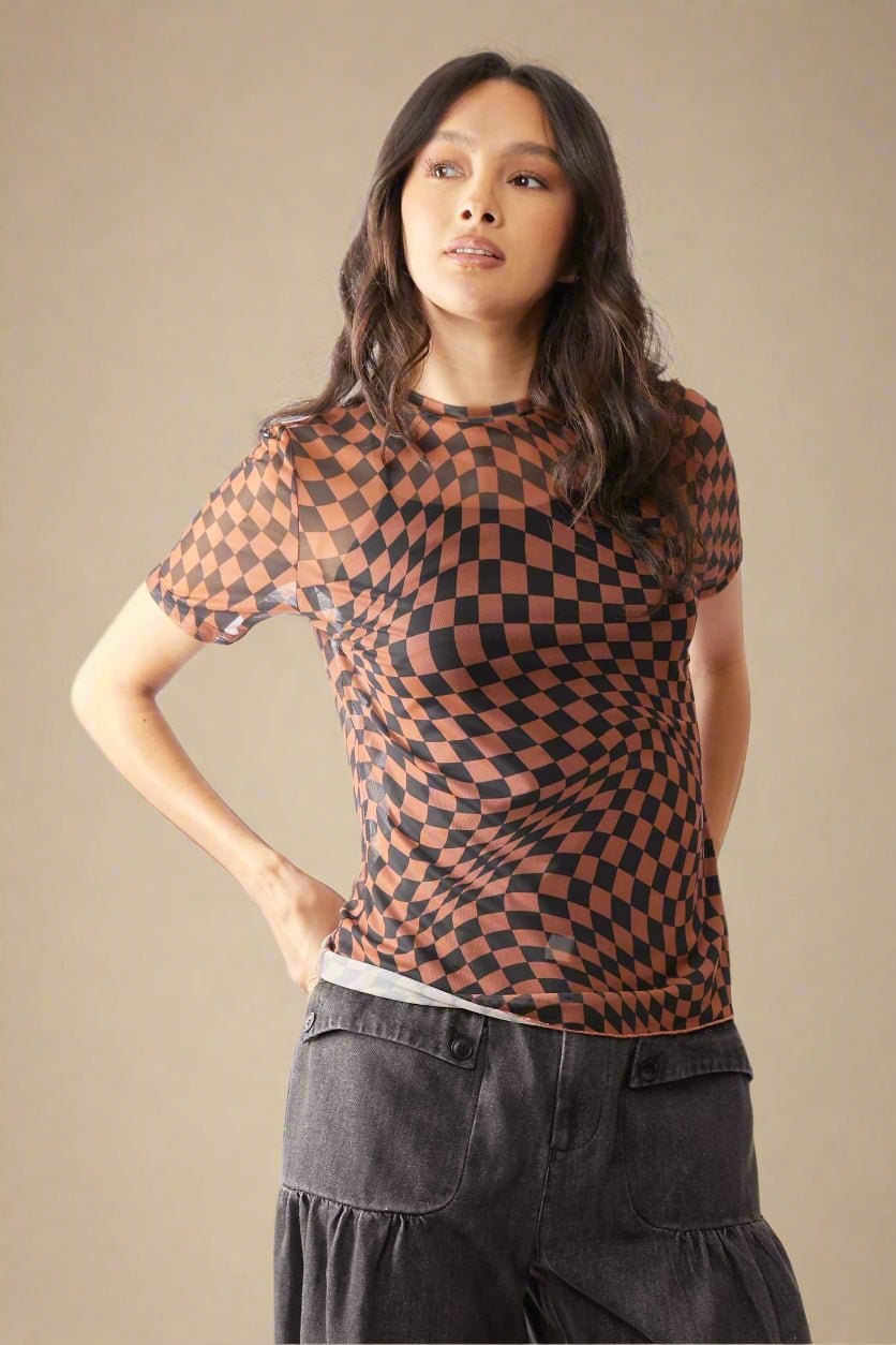 Davi & Dani - Checkered Mesh Short Sleeve Top – Brown & Black