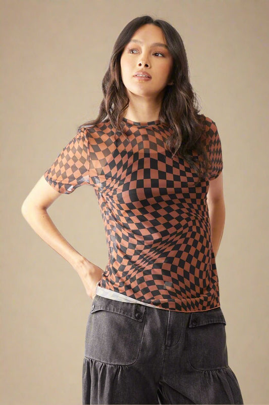 Davi & Dani - Checkered Mesh Short Sleeve Top – Brown & Black