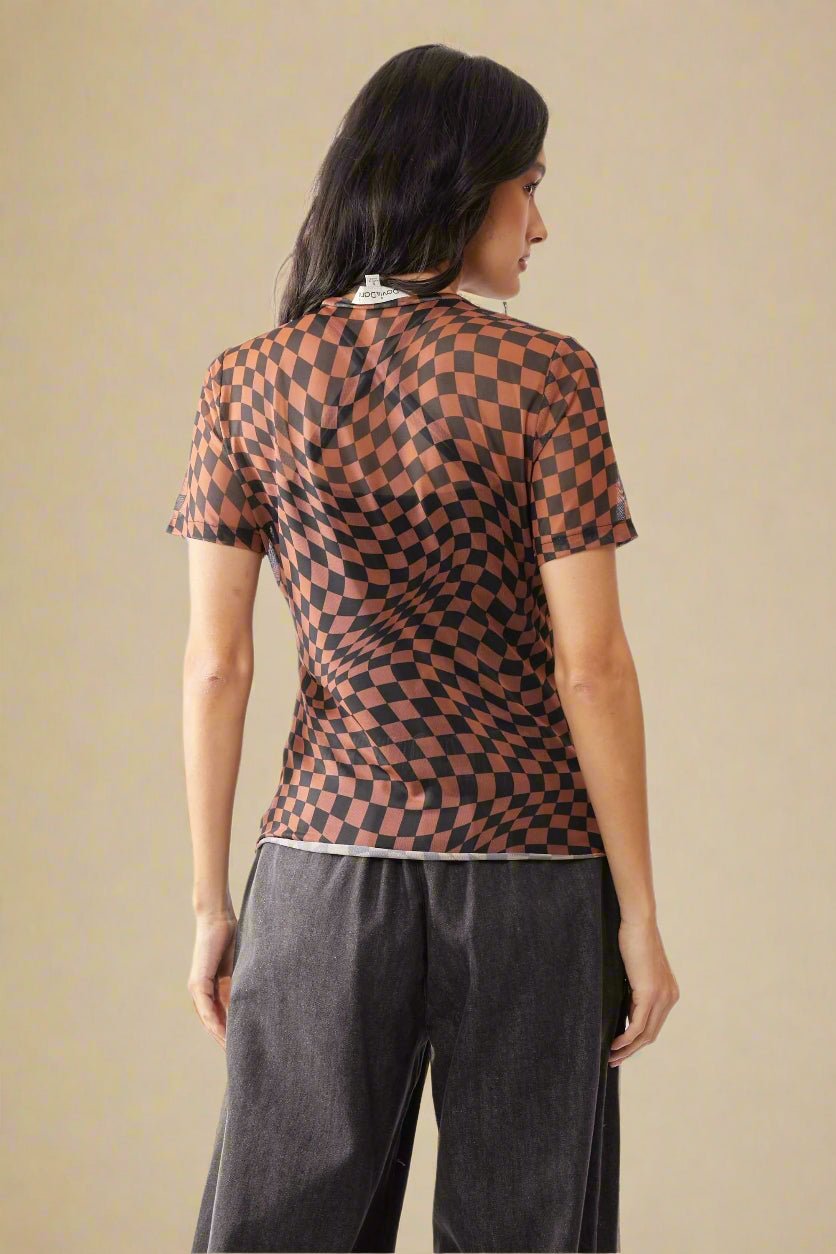 Davi & Dani - Checkered Mesh Short Sleeve Top – Brown & Black