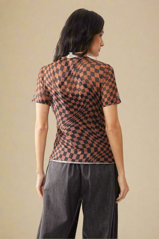 Davi & Dani - Checkered Mesh Short Sleeve Top – Brown & Black