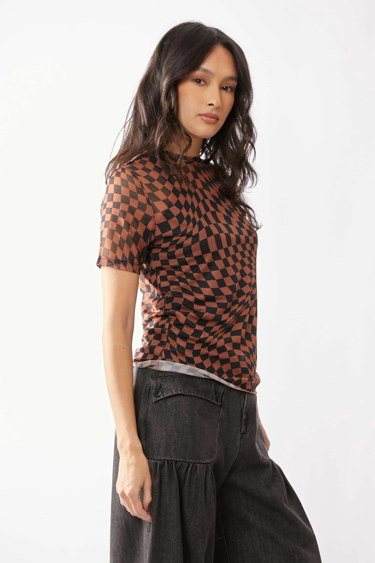 Davi & Dani - Checkered Mesh Short Sleeve Top – Brown & Black