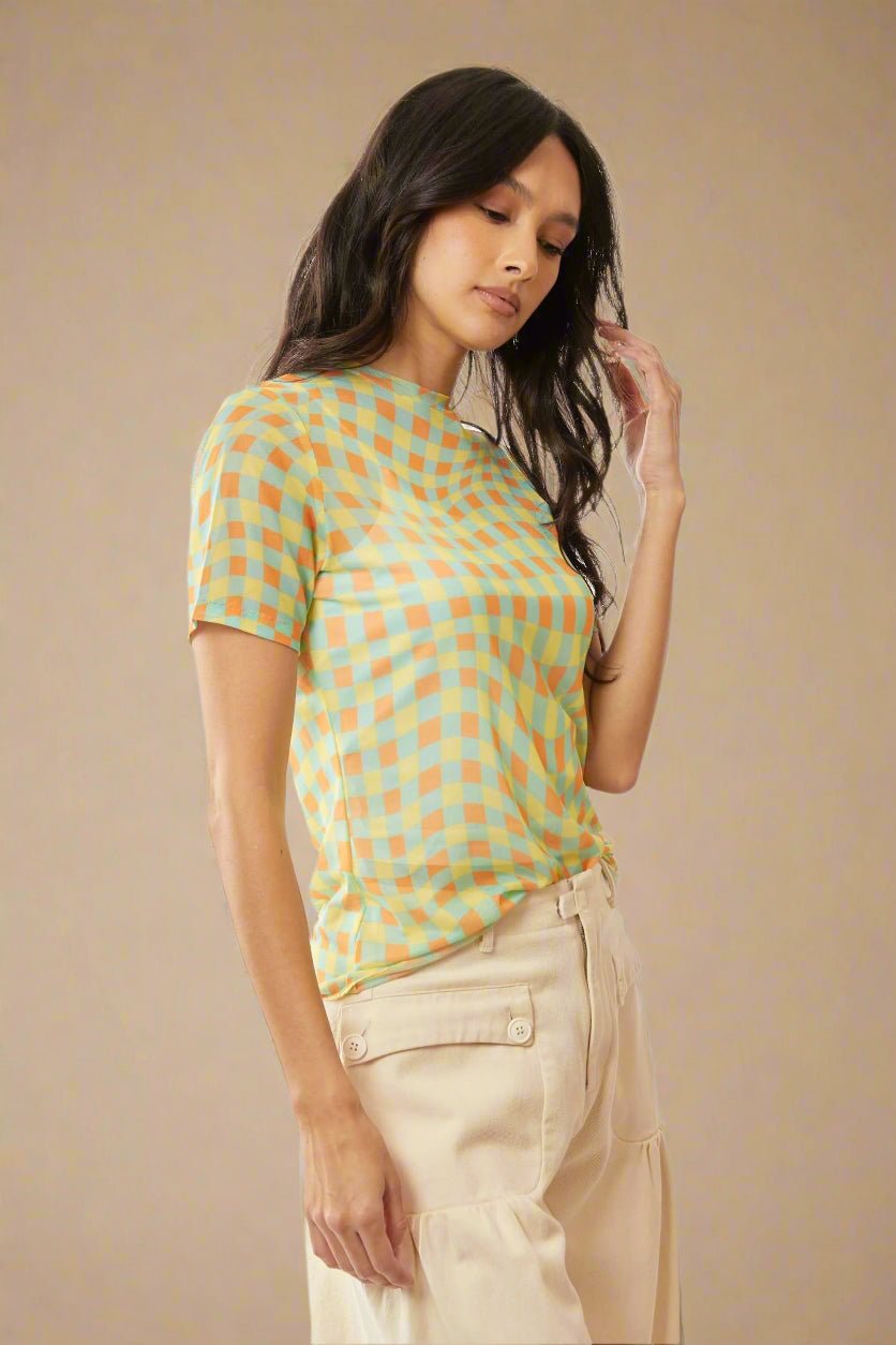 Davi & Dani - Checkered Mesh Short Sleeve Top – Yellow & Aqua
