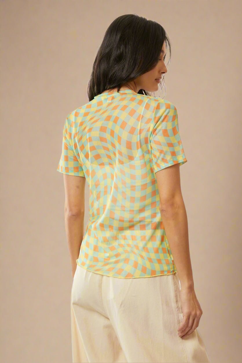 Davi & Dani - Checkered Mesh Short Sleeve Top – Yellow & Aqua