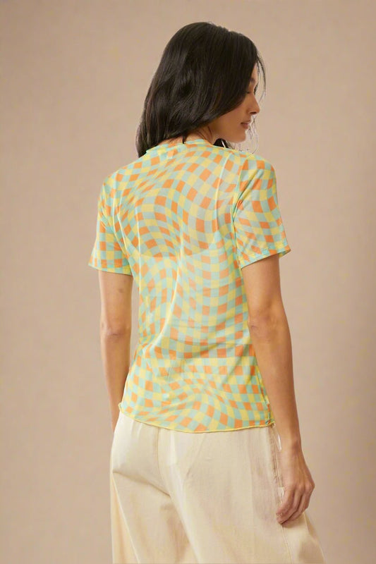Davi & Dani - Checkered Mesh Short Sleeve Top – Yellow & Aqua