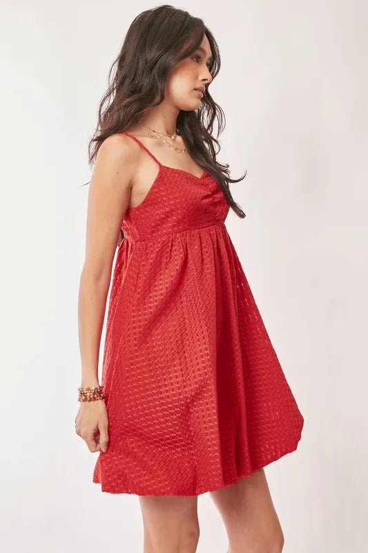 Davi & Dani - Cherry Red Textured Babydoll Mini Dress