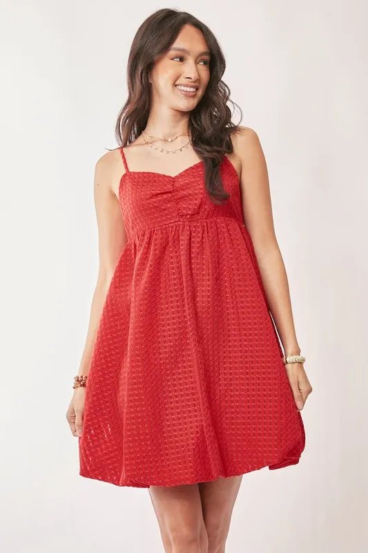 Davi & Dani - Cherry Red Textured Babydoll Mini Dress