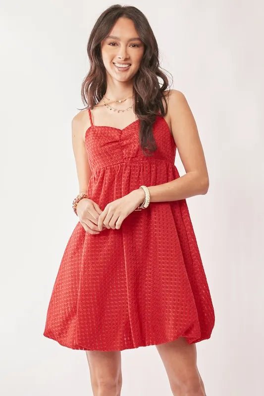 Davi & Dani - Cherry Red Textured Babydoll Mini Dress