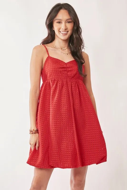 Davi & Dani - Cherry Red Textured Babydoll Mini Dress