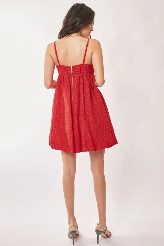Davi & Dani - Cherry Red Textured Babydoll Mini Dress