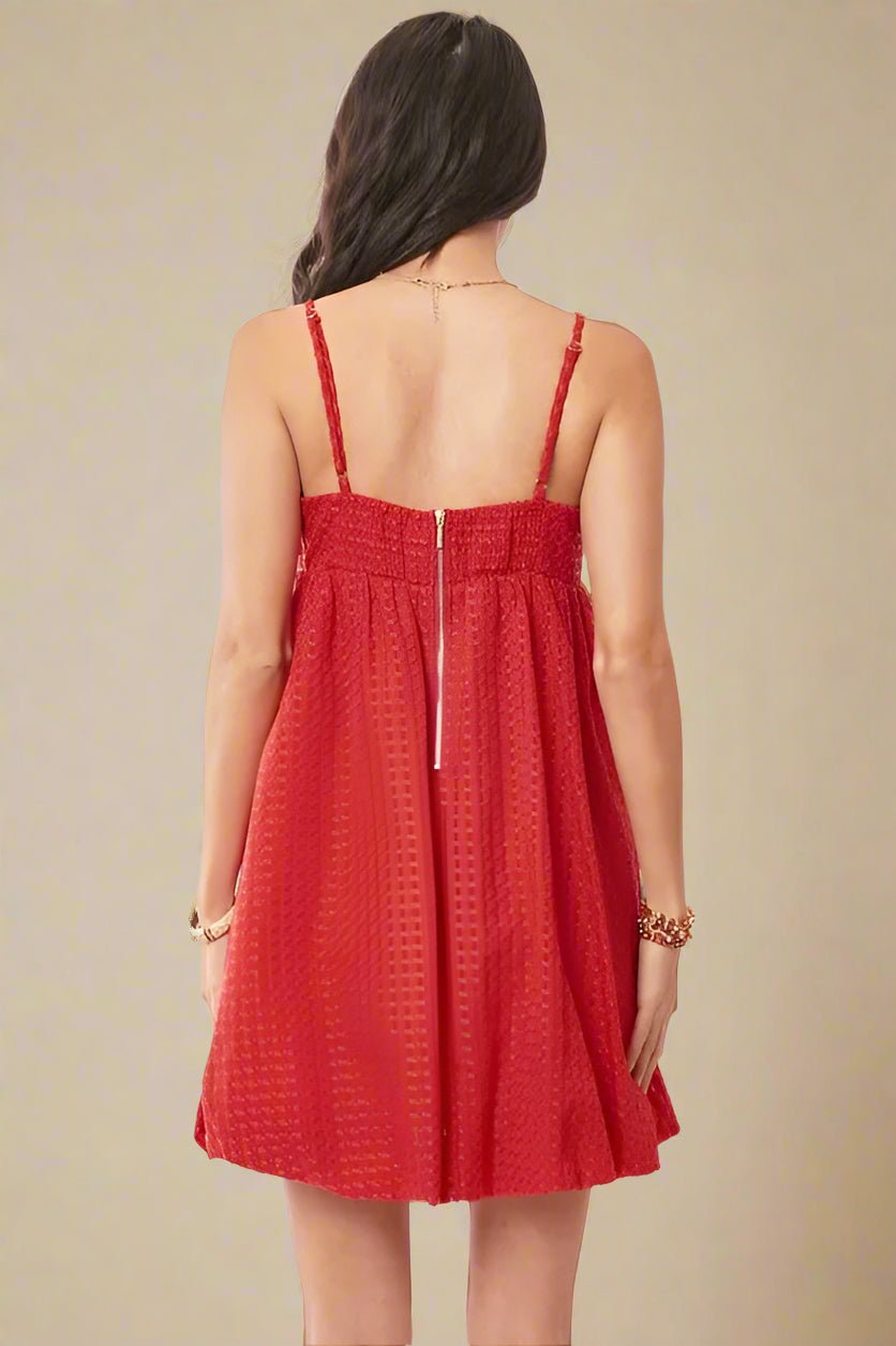 Davi & Dani - Cherry Red Textured Babydoll Mini Dress