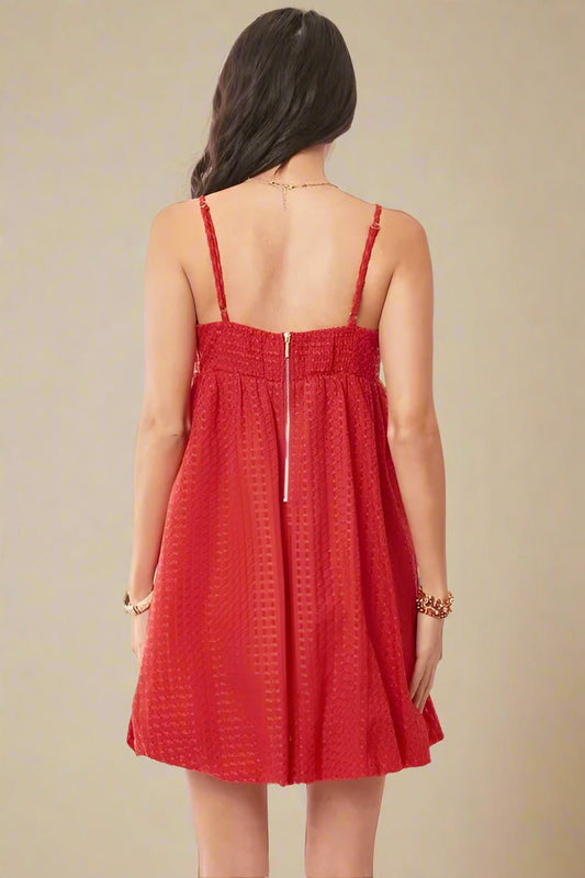 Davi & Dani - Cherry Red Textured Babydoll Mini Dress
