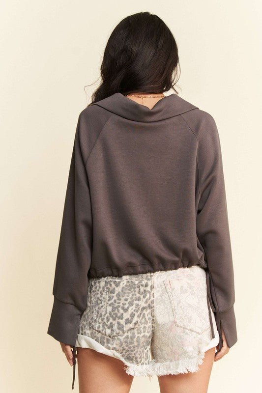 Davi & Dani - Coffee Brown Drawstring Hem Half Zip Sweatshirt