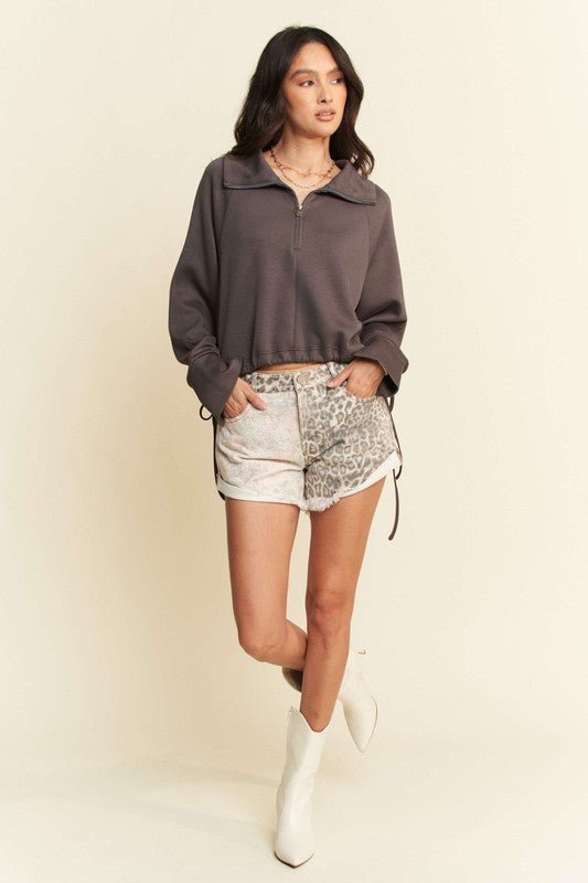 Davi & Dani - Coffee Brown Drawstring Hem Half Zip Sweatshirt