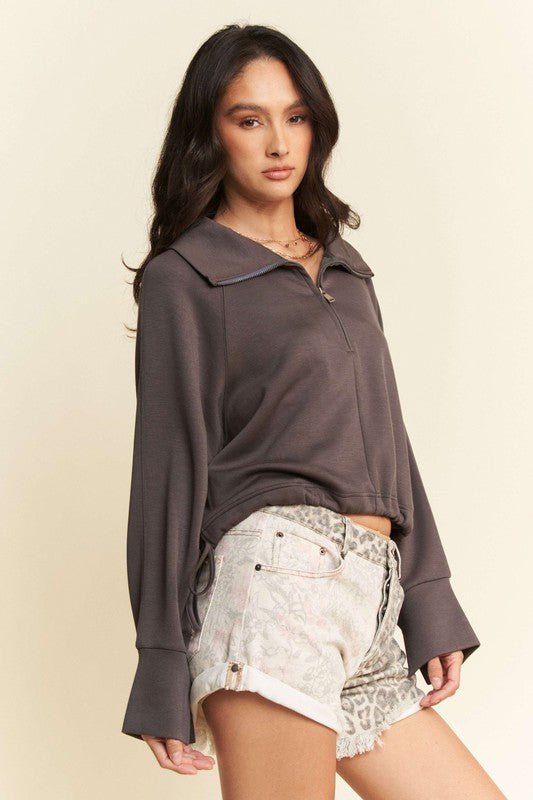 Davi & Dani - Coffee Brown Drawstring Hem Half Zip Sweatshirt