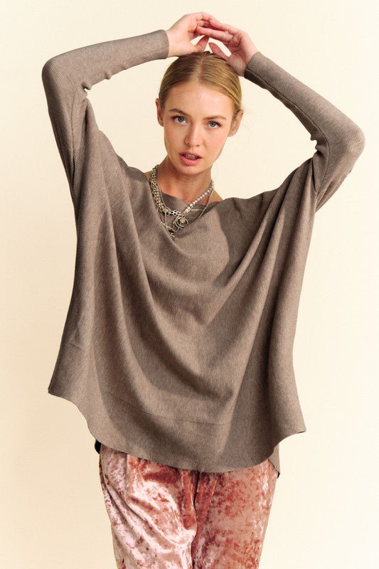Davi & Dani - Coffee Brown Relaxed Fit Long Sleeve Knit Top