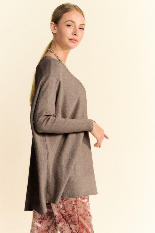 Davi & Dani - Coffee Brown Relaxed Fit Long Sleeve Knit Top