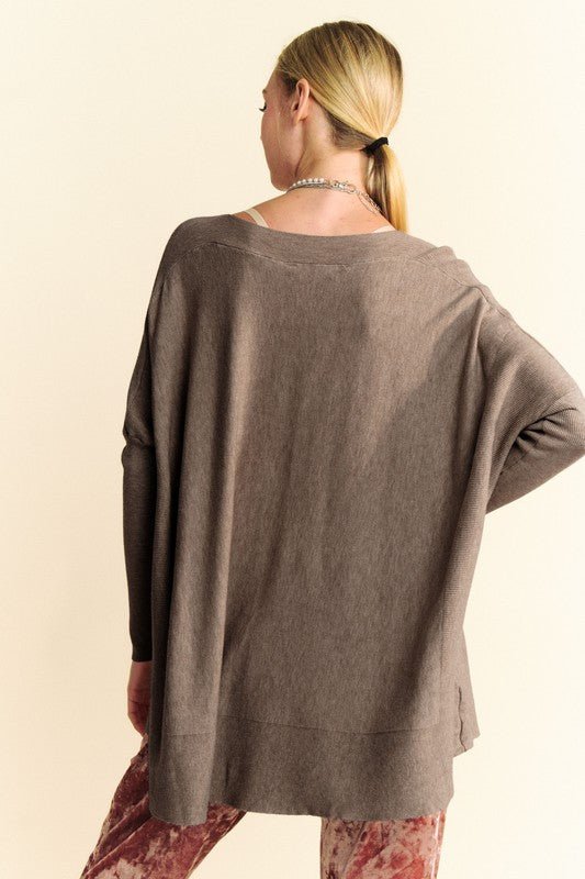 Davi & Dani - Coffee Brown Relaxed Fit Long Sleeve Knit Top