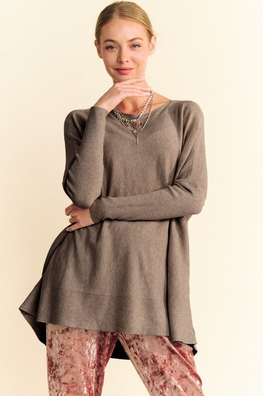 Davi & Dani - Coffee Brown Relaxed Fit Long Sleeve Knit Top