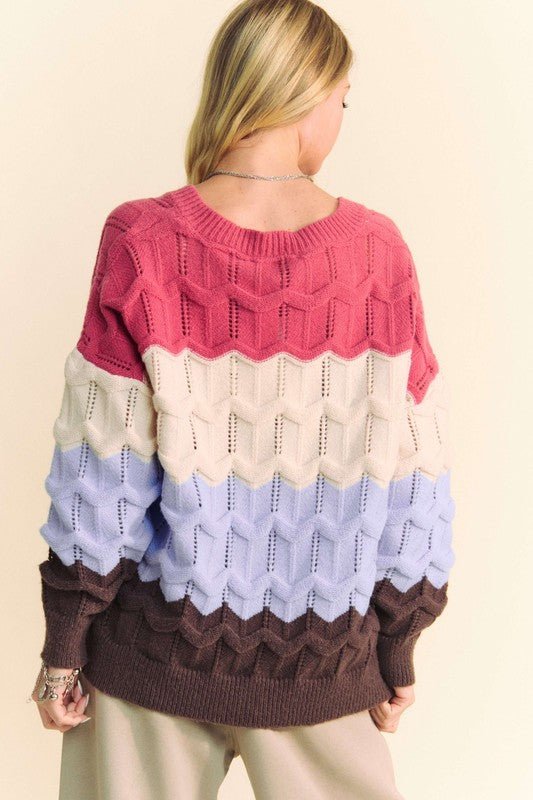 Davi & Dani - Color Block V - Neck Cable Knit Sweater in Mauve Light Blue