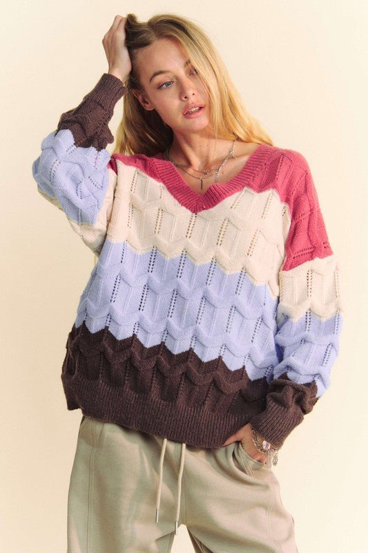 Davi & Dani - Color Block V - Neck Cable Knit Sweater in Mauve Light Blue