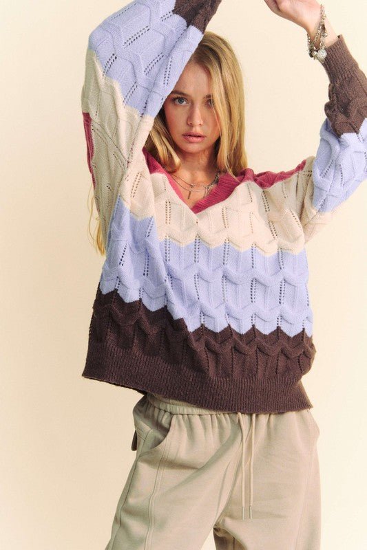 Davi & Dani - Color Block V - Neck Cable Knit Sweater in Mauve Light Blue