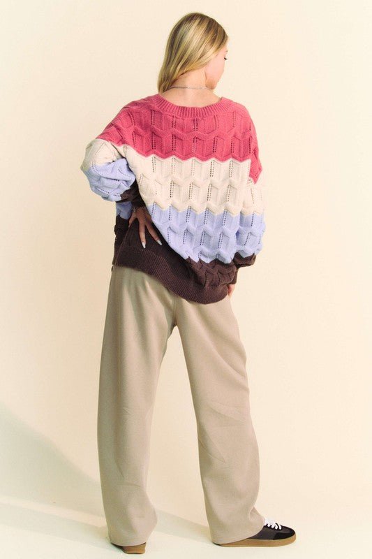 Davi & Dani - Color Block V - Neck Cable Knit Sweater in Mauve Light Blue