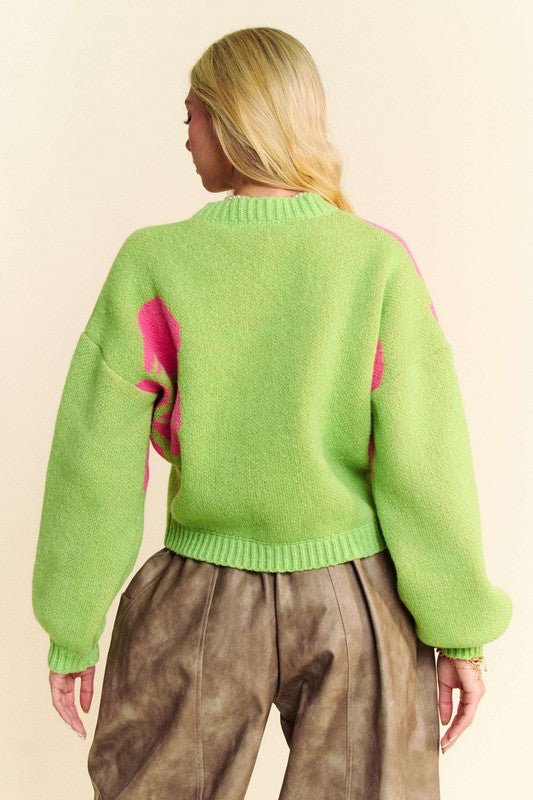 Davi & Dani - Contrast Flower Long Sleeve Cardigan in Lime