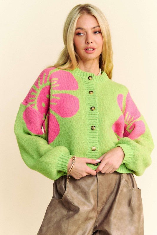 Davi & Dani - Contrast Flower Long Sleeve Cardigan in Lime