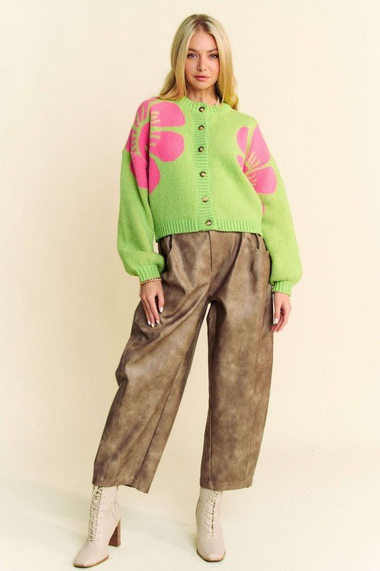 Davi & Dani - Contrast Flower Long Sleeve Cardigan in Lime