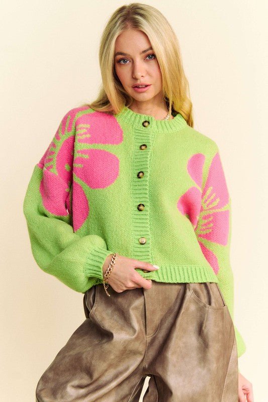 Davi & Dani - Contrast Flower Long Sleeve Cardigan in Lime