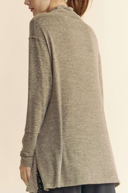 Davi & Dani - Cowl Neck Long Sleeve Tunic Top in Taupe