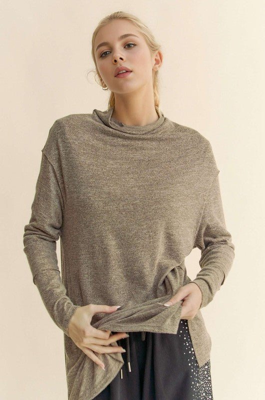 Davi & Dani - Cowl Neck Long Sleeve Tunic Top in Taupe