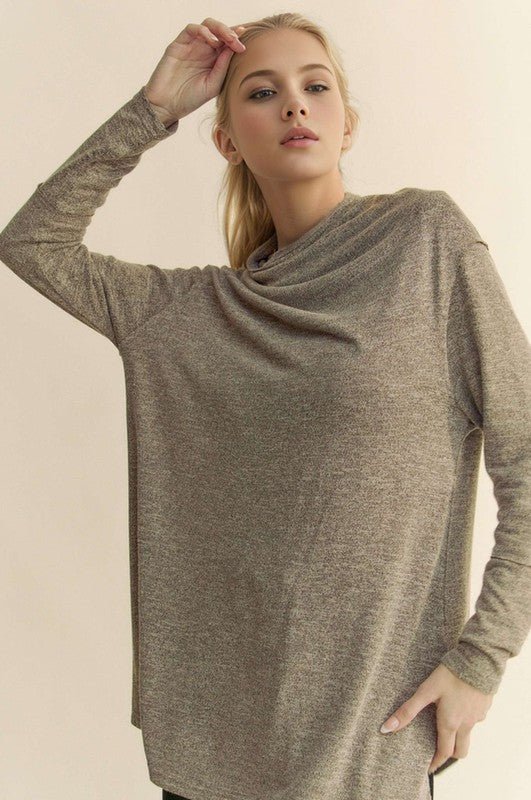 Davi & Dani - Cowl Neck Long Sleeve Tunic Top in Taupe