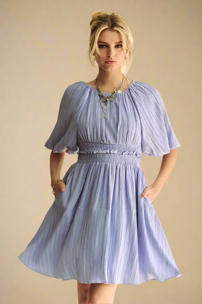 Davi & Dani - Crinkled Flutter Sleeve Mini Dress – Periwinkle Blue