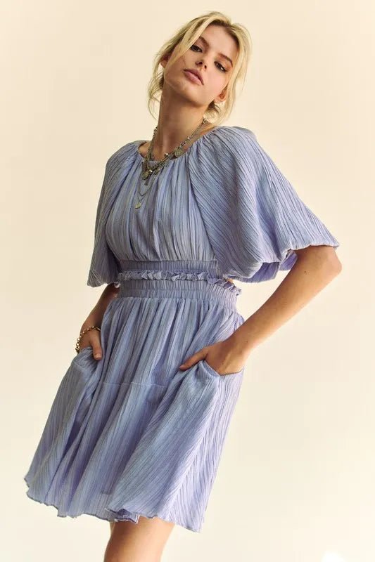 Davi & Dani - Crinkled Flutter Sleeve Mini Dress – Periwinkle Blue