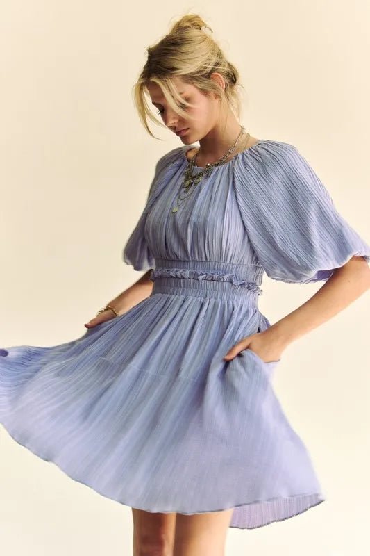 Davi & Dani - Crinkled Flutter Sleeve Mini Dress – Periwinkle Blue