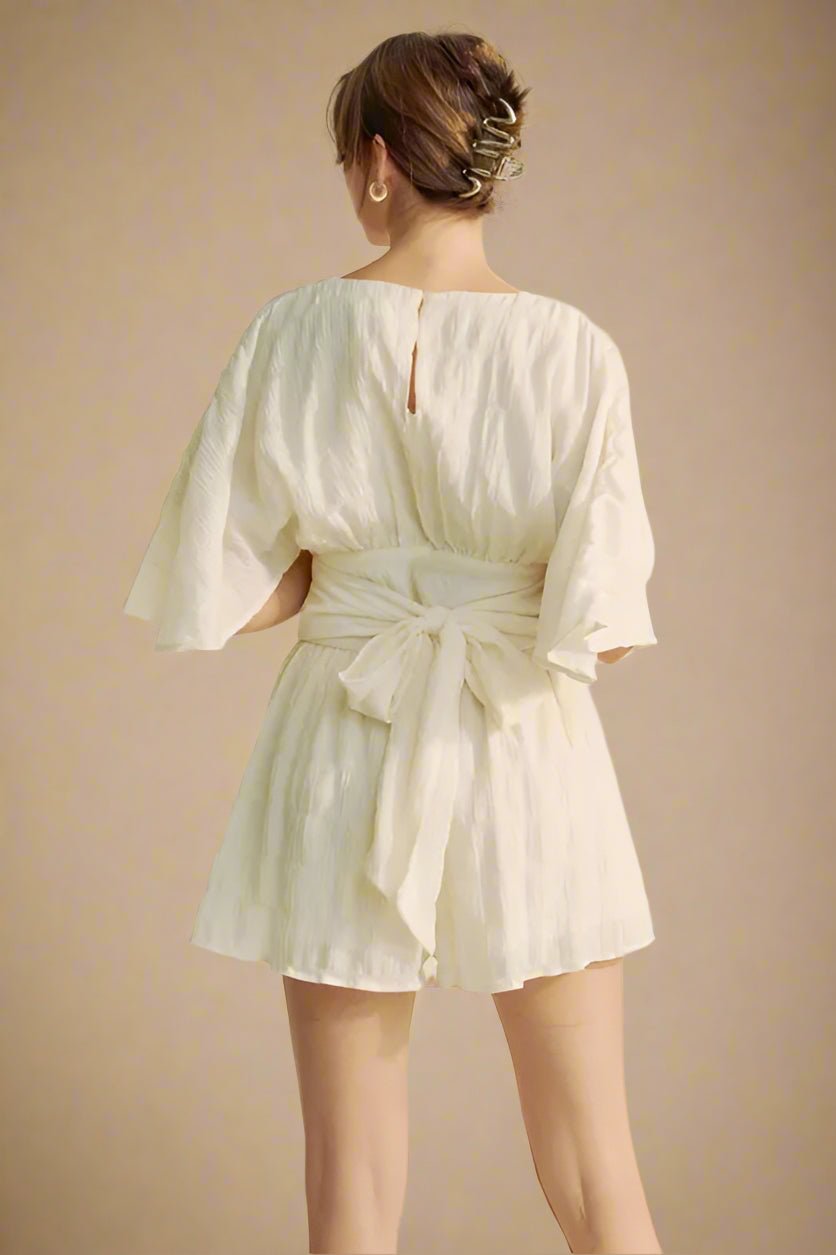 Davi & Dani - Crinkled V - Neck Romper in Soft Ivory