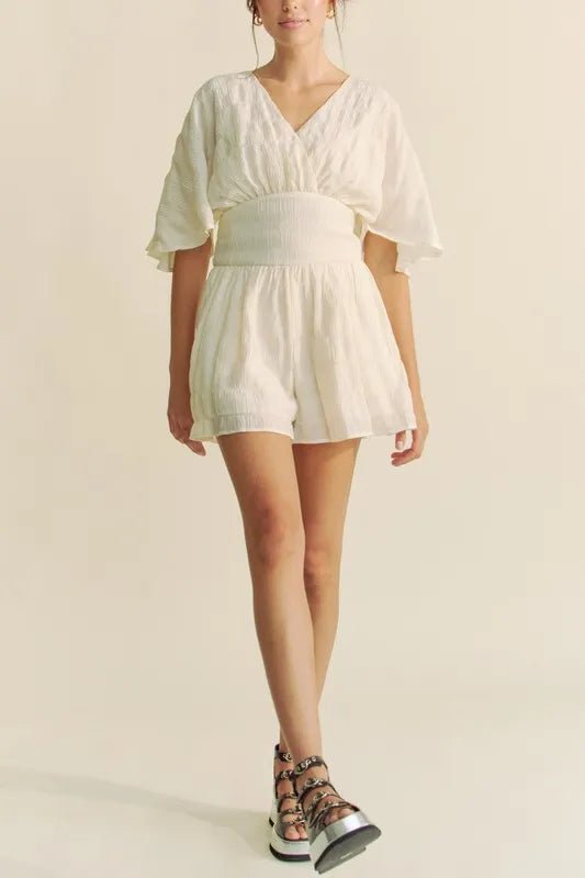 Davi & Dani - Crinkled V - Neck Romper in Soft Ivory