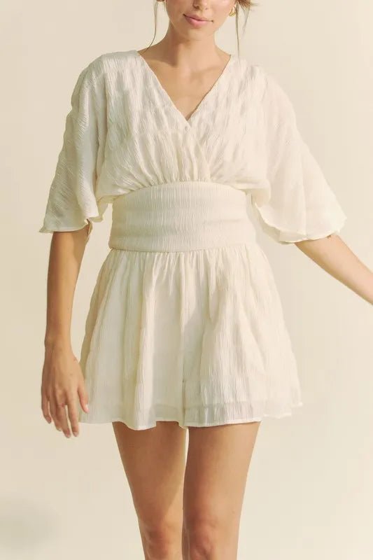 Davi & Dani - Crinkled V - Neck Romper in Soft Ivory