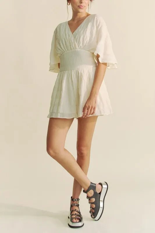Davi & Dani - Crinkled V - Neck Romper in Soft Ivory