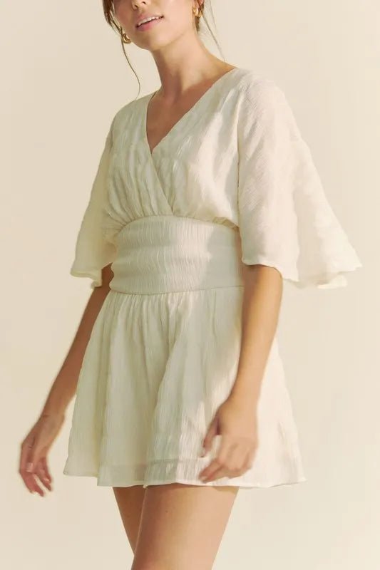 Davi & Dani - Crinkled V - Neck Romper in Soft Ivory