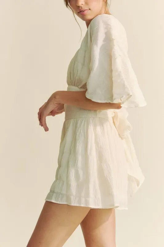 Davi & Dani - Crinkled V - Neck Romper in Soft Ivory