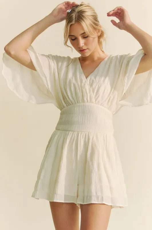 Davi & Dani - Crinkled V - Neck Romper in Soft Ivory