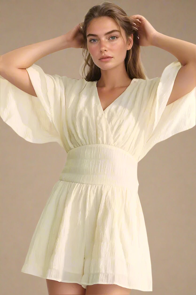 Davi & Dani - Crinkled V - Neck Romper in Soft Ivory